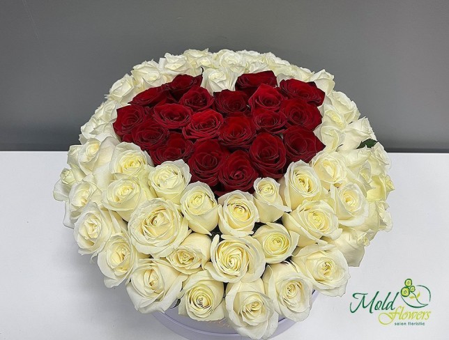 101 trandafir alb-roșu cu inimă în cutie 2 (la comanda, 5 zile) foto